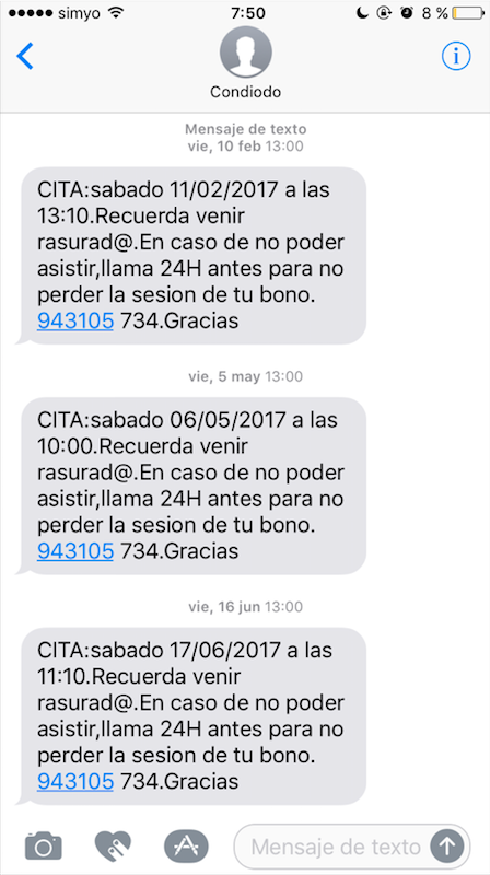 primer ejemplo del mensaje de contacto de citas