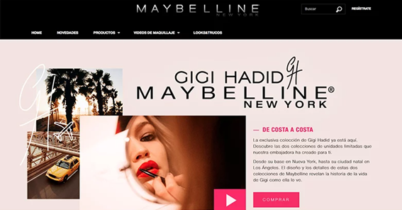 La landing page de marcas de estética como Maybelline 