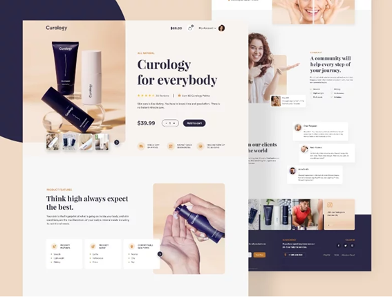 Landing page de estética como Curology, muestran titulares y textos concisos 