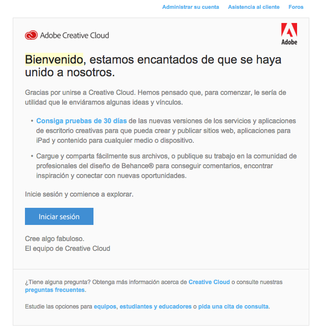 emails de confirmación : Adobe