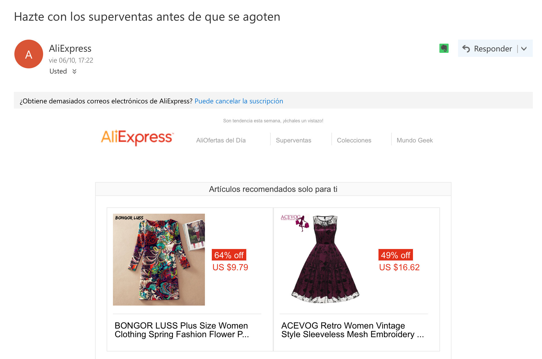 Ejemplos de asuntos de email: AliExpress