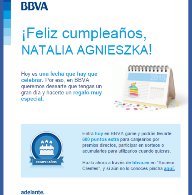 Ejemplos de disparadores mentales para email marketing: BBVA