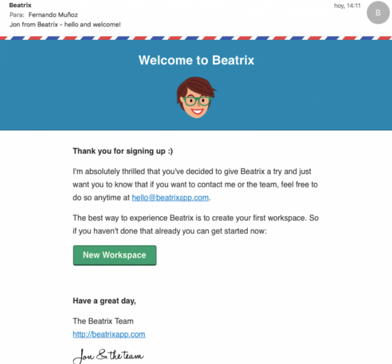 Email de bienvenida perfecto de Beatrix