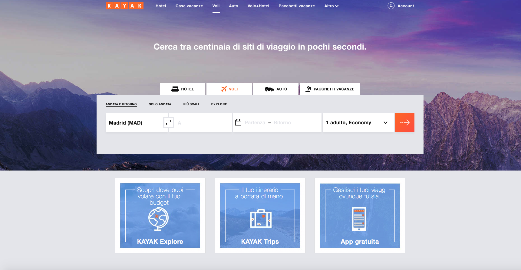 siti web di viaggi: kayak