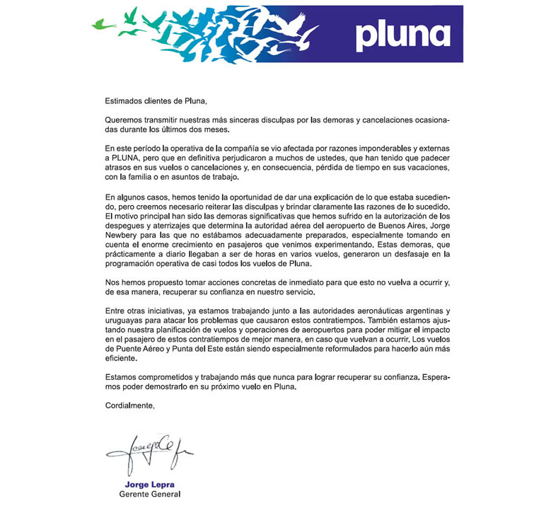 Carta de disculpa a los clientes de Pluna