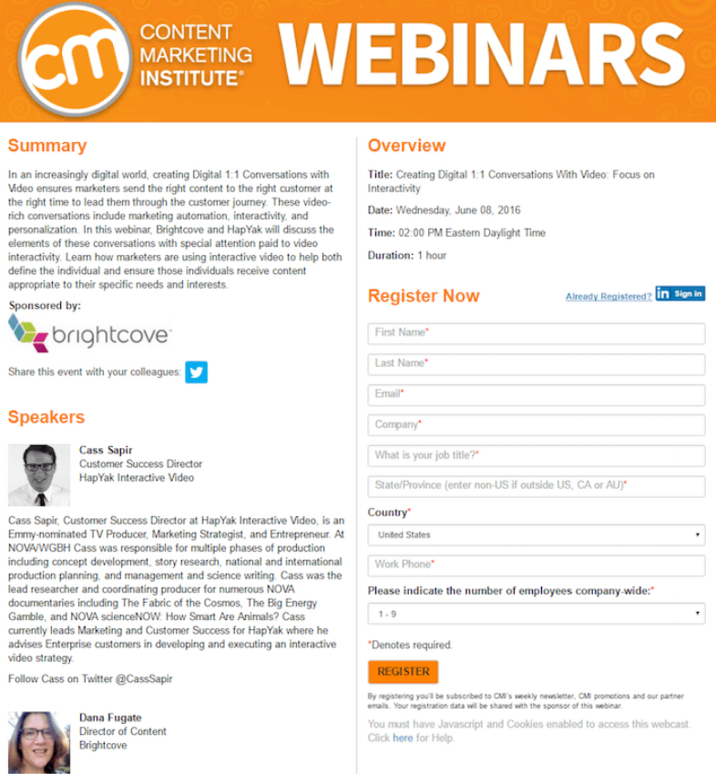 webinar landing page: Content Marketing Intitute