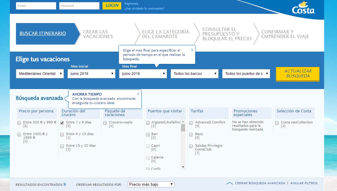 formulario de Costa Cruceros