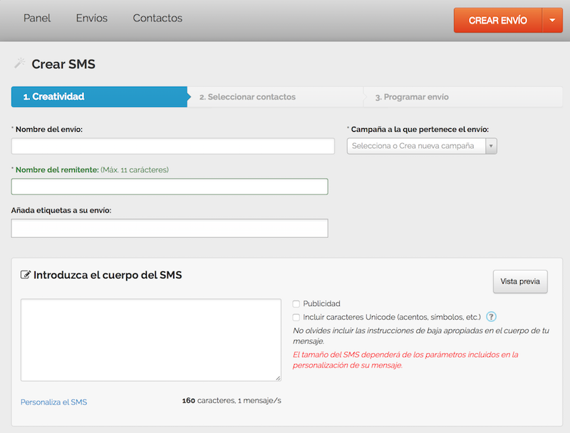 Paso 2 para enviar sms masivos: crear SMS personalizados