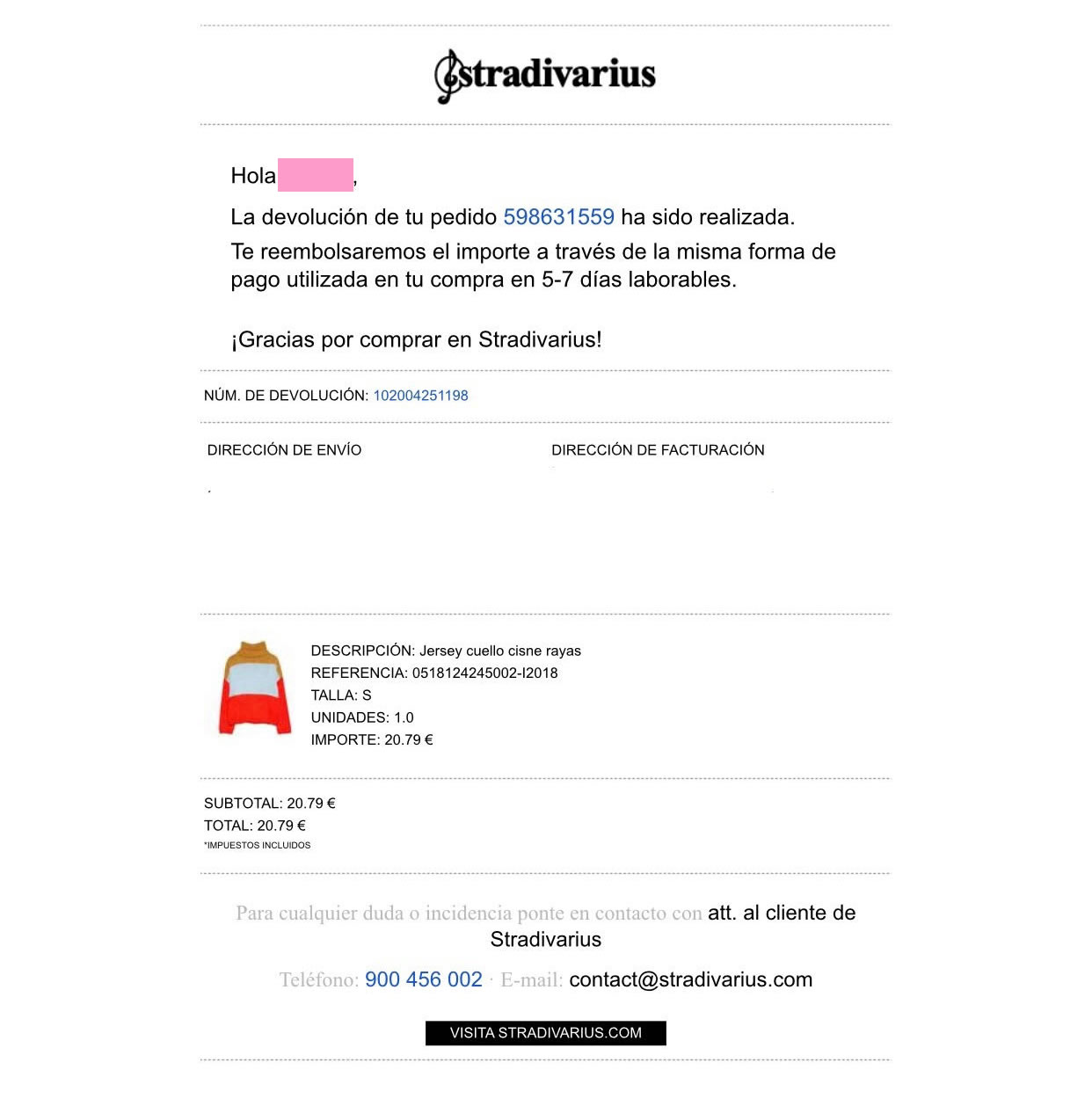 gestionar devoluciones con Email Marketing: Stradivarius