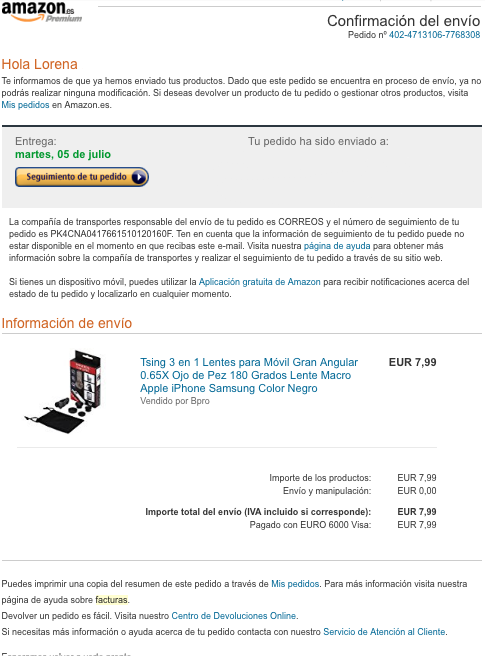 email transaccional de Amazon