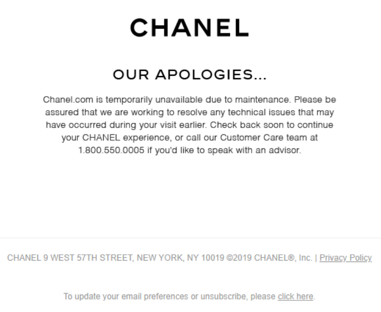 Ejemplos de emails de disculpa: Chanel email de disculpas