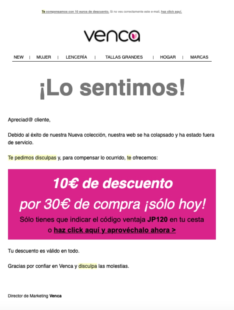 Venca email de disculpa