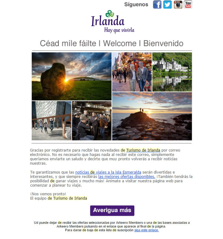 emails de bienvenida que incrementan conversiones: Turismo de Irlanda
