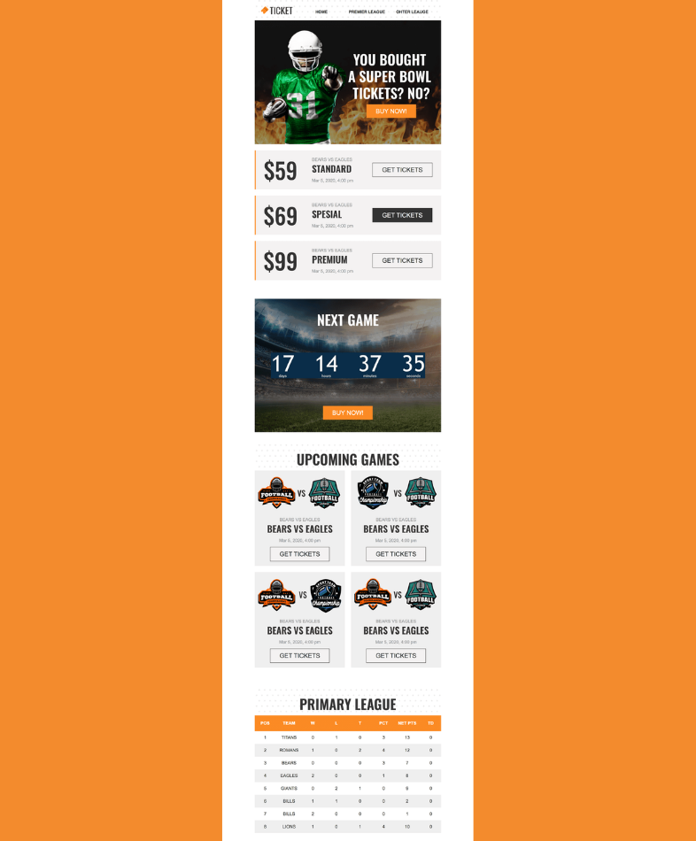 Plantillas email marketing sector deportivo para venta de tickets