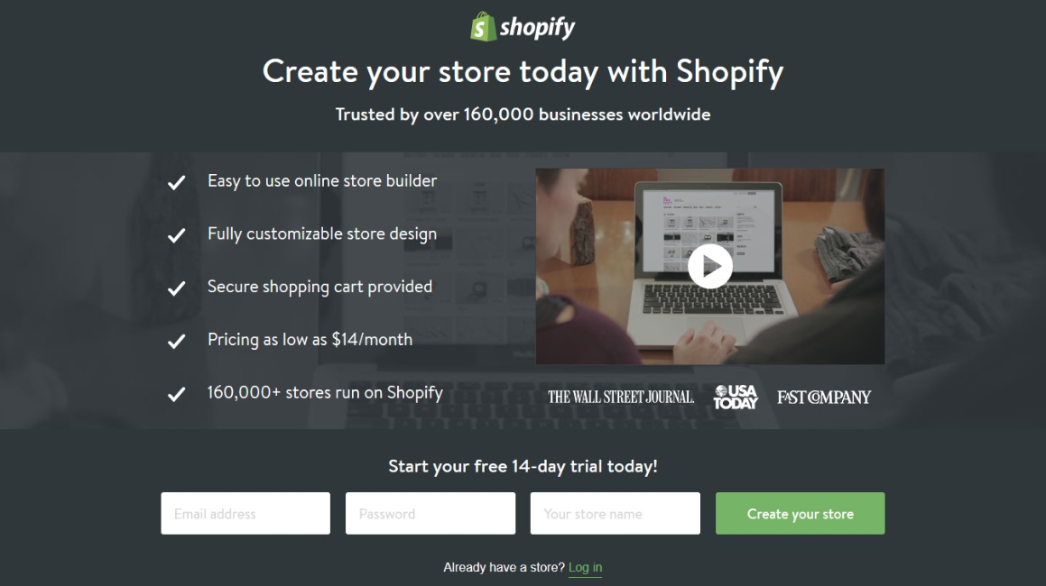 esempi di landing pages perfetta: shopify