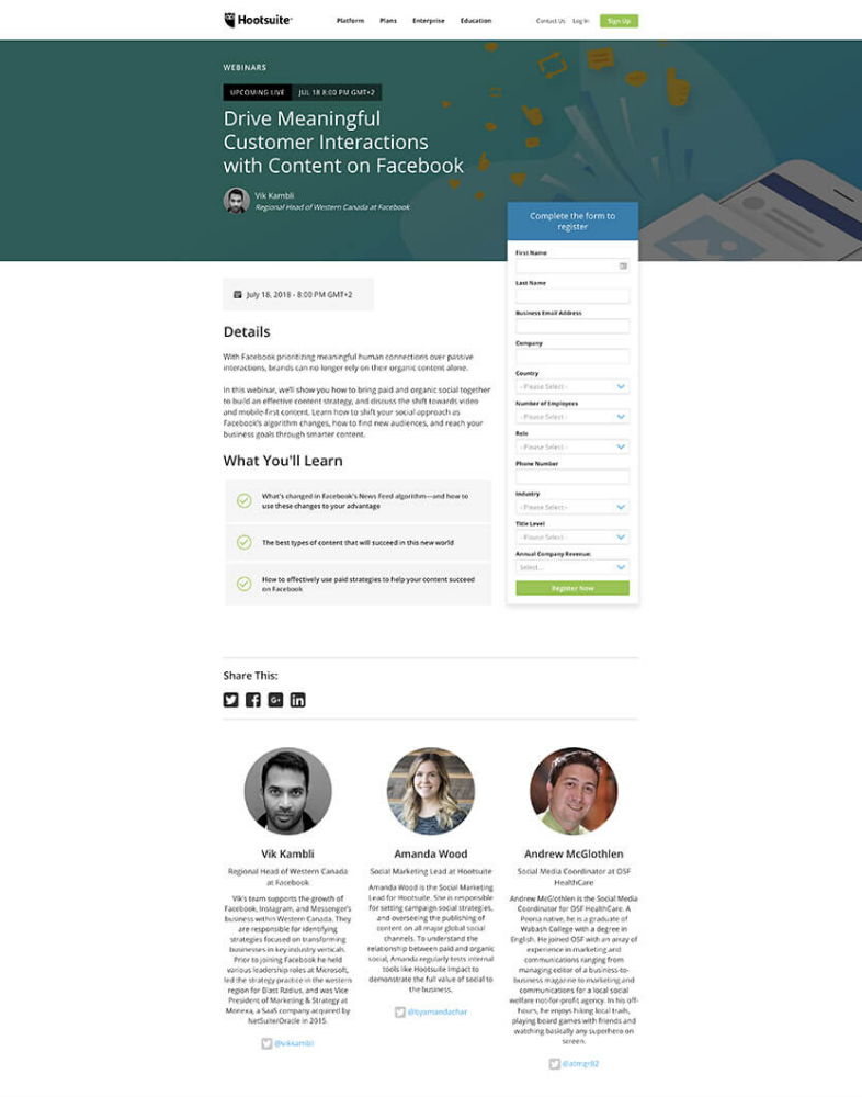 Hootsuite webinar landing page