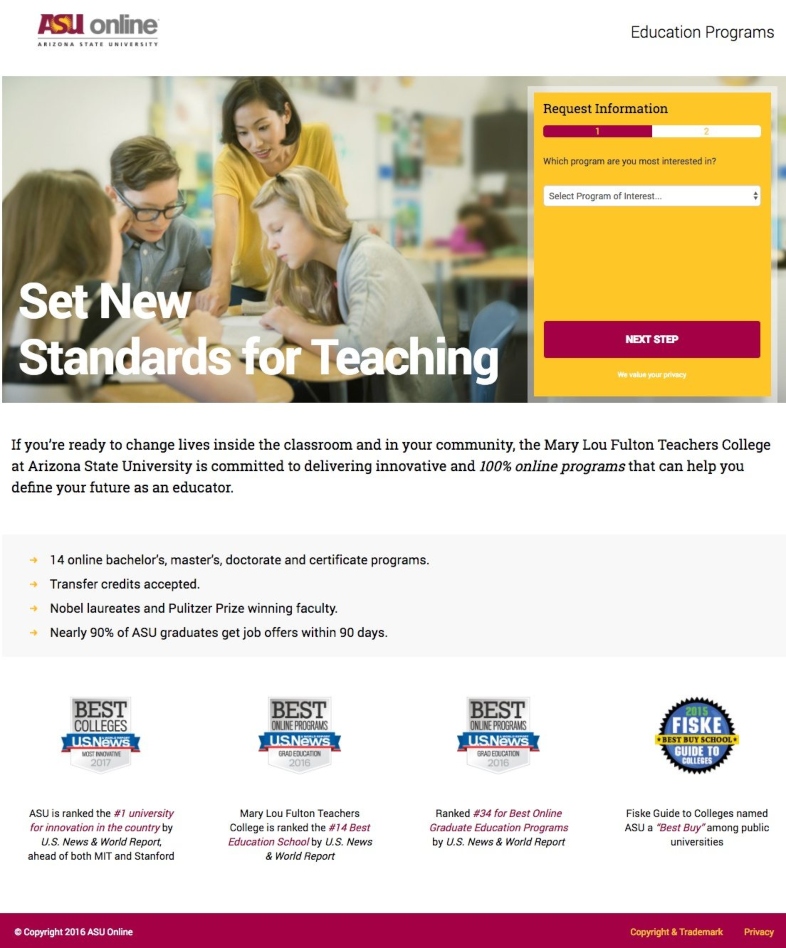 Ejemplo de landing page para el sector educativo de Arizona State University