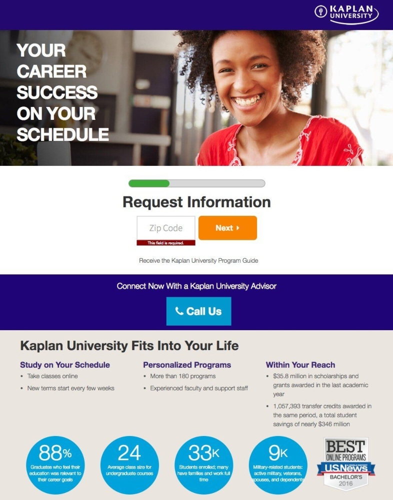 Ejemplo de landing page para el sector educativo de Kaplan University