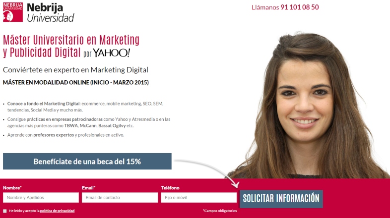 Ejemplo de landing page para el sector educativo Universidad de Nebrija