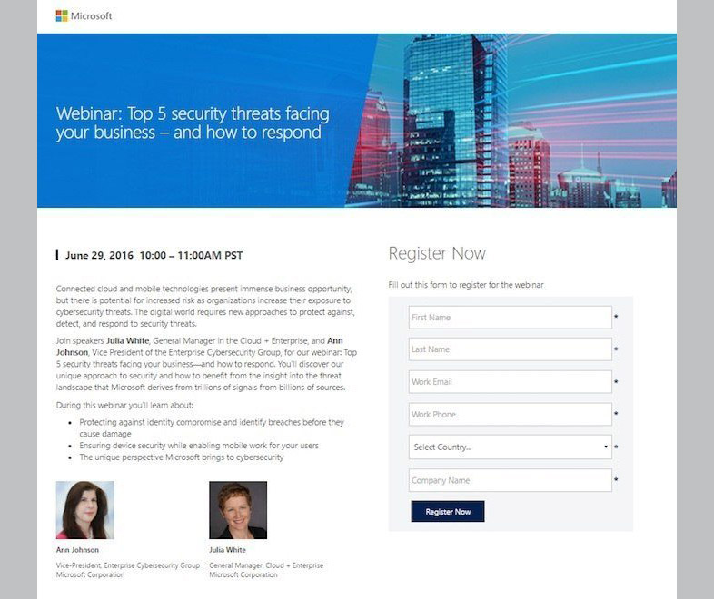 Microsoft webinar landing page