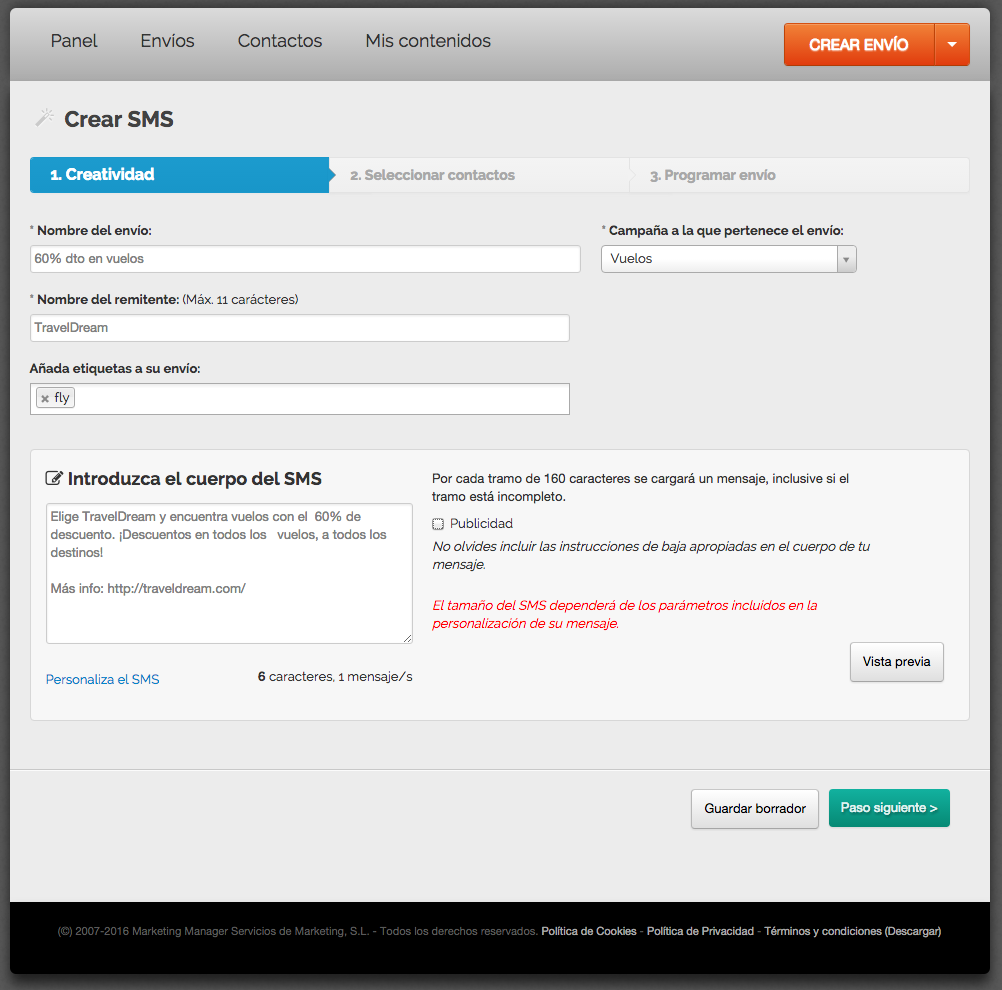 crear una campaña de sms marketing : Paso 3
