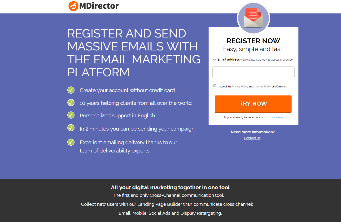 examples of perfect landing pages: MDirector