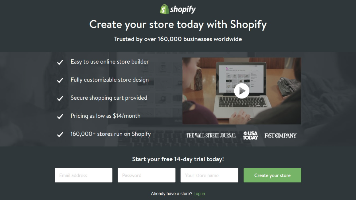 examples of perfect landing pages: Shopify