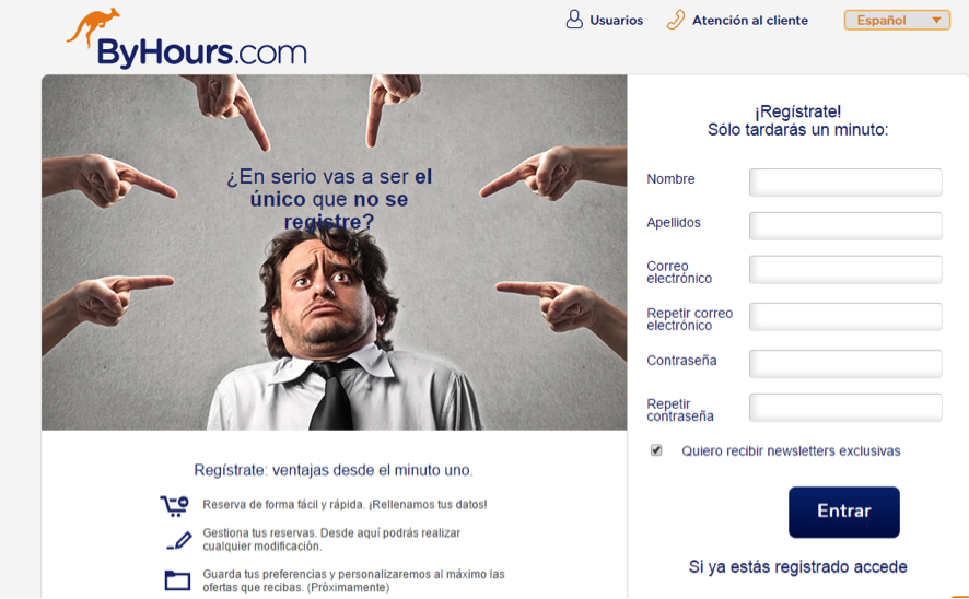 landing page de registro de un ecommerce : ByHours