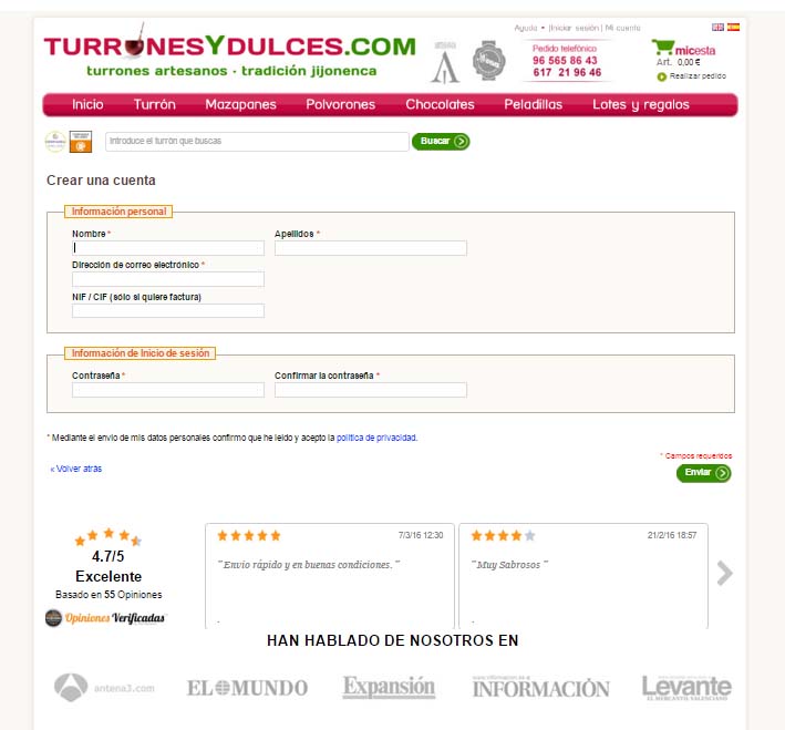 landing page de registro de un ecommerce : turronesydulces.com