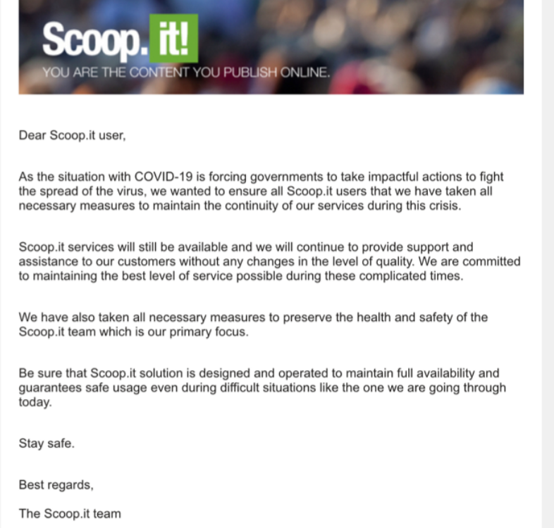 Scoop.It email dirigido a sus clientes por la crisis sanitaria