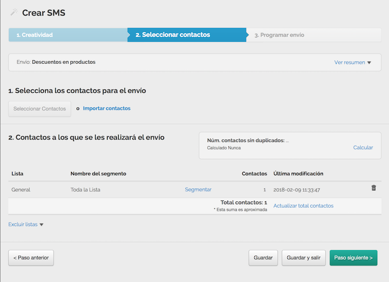Paso 3 para enviar sms masivos: seleccionar contactos