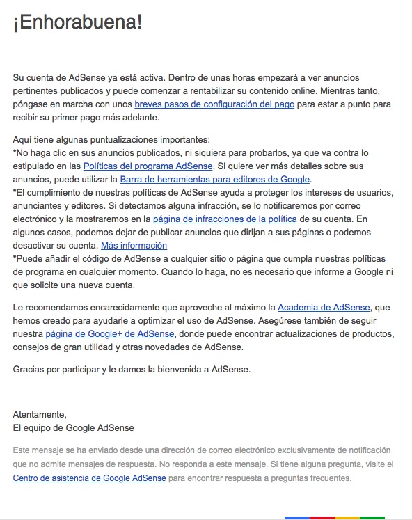 email de bienvenida Google AdSense