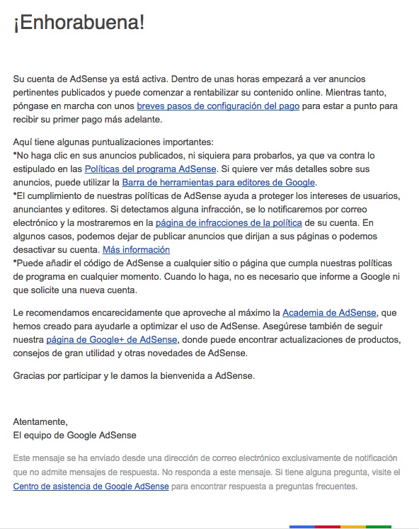 email de bienvenida Google AdSense