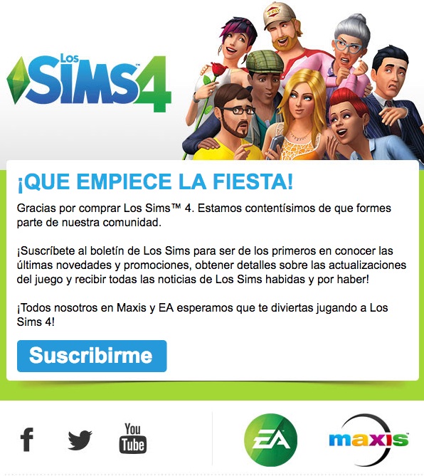 email de bienvenida Los Sims 4