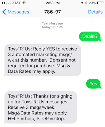 SMS personalizados de Toys'r'us