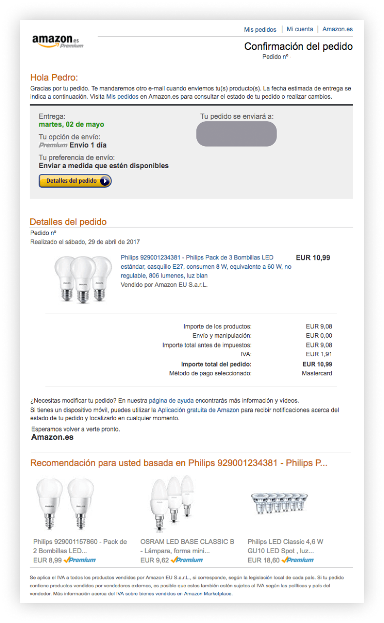 Trigger emails para ecommerce: confirmación de pedido de Amazon