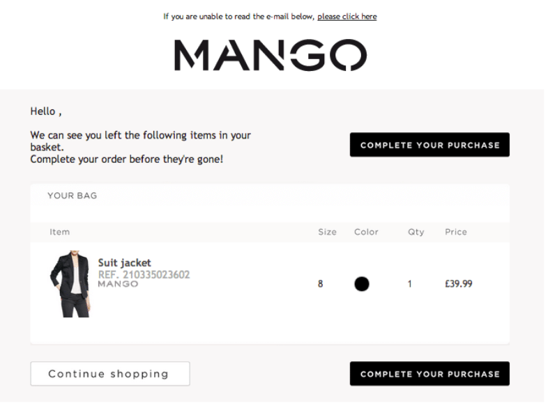 Ejemplos de trigger emails para ecommerce: carrito de compra abandonado 