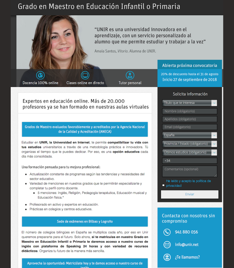 Landing page para universidades: Unir