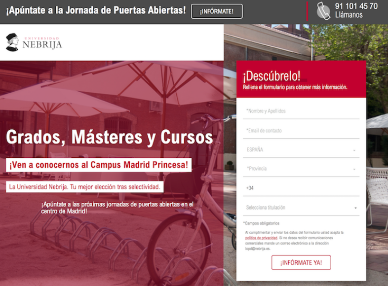 Landing page para universidades: Universidad Nebrija