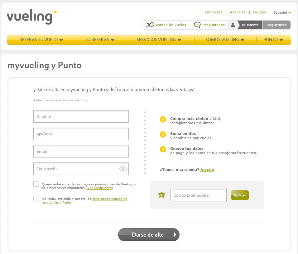 landing page de registro de un ecommerce : Vueling
