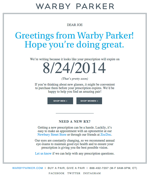 ejemplos de campañas exitosas de email marketing: Warby Parker