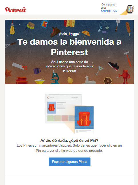 automatización para no olvidar a los clientes: email bienvenida Pinterest