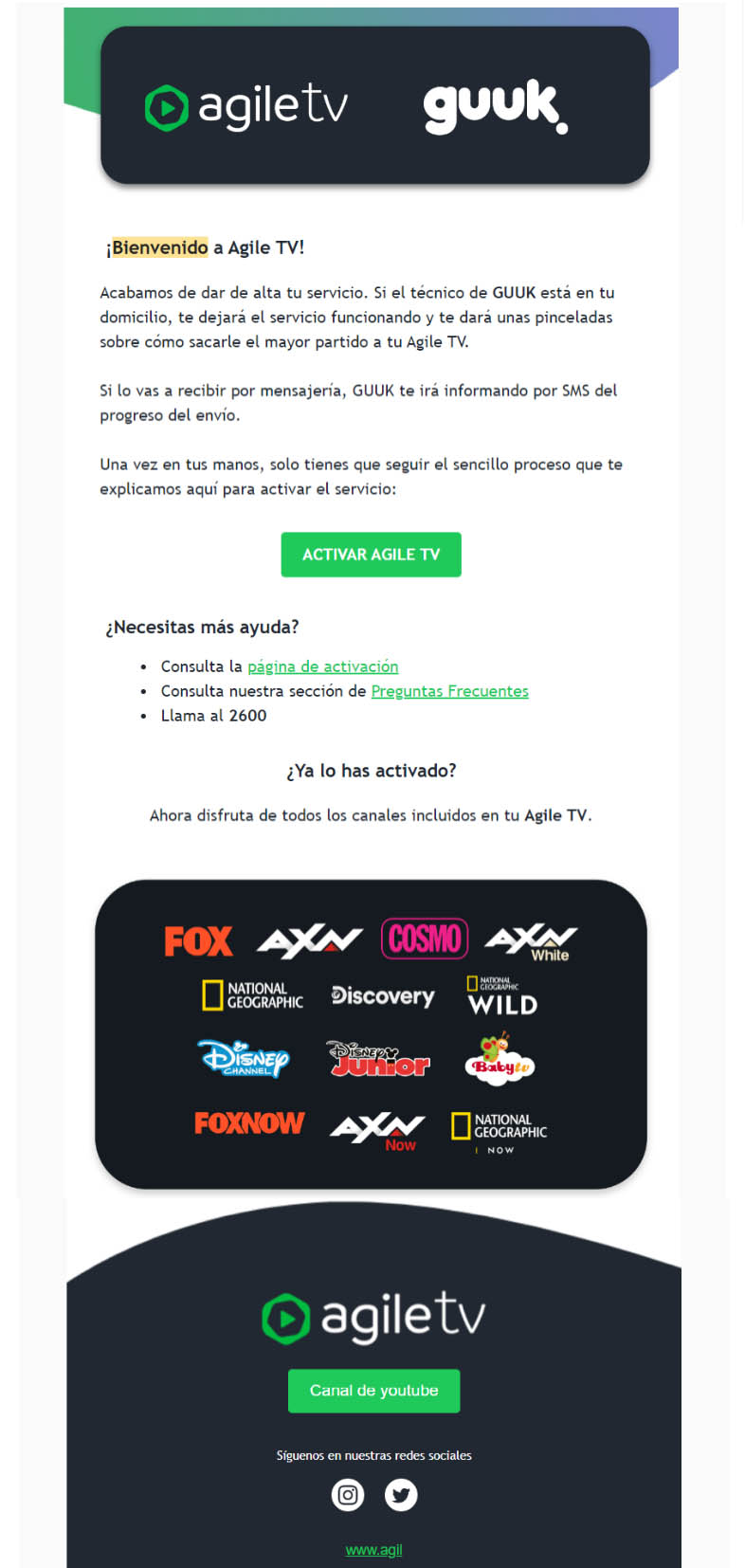 Confirmación de registro en Agile Tv