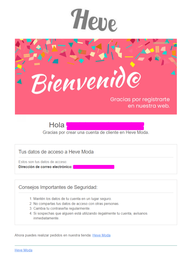 Email de confirmación de registro de cuenta de Heve