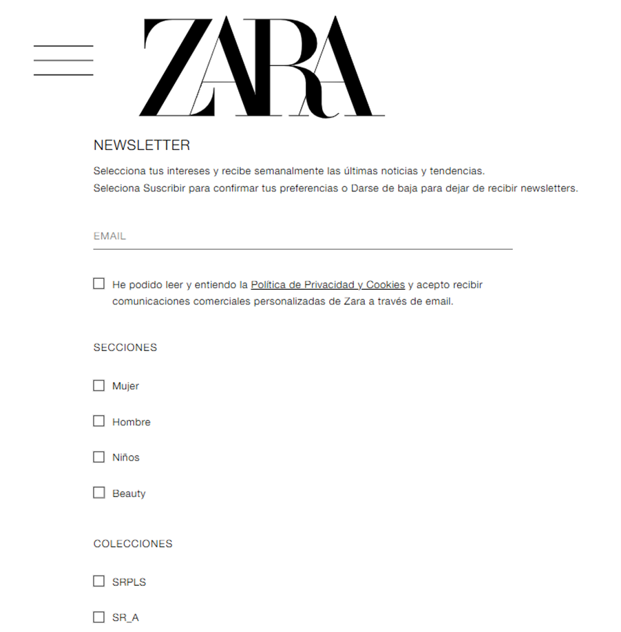 Ejemplo Zara formularios de suscripción efectivos 